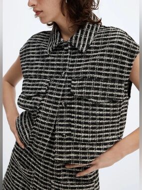Mango Black and White Tweed Sleeveless Button-Up Top